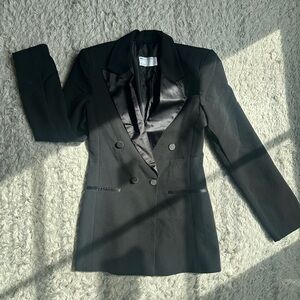 Satin Lapel Double Breasted Tailored Blazer in Black